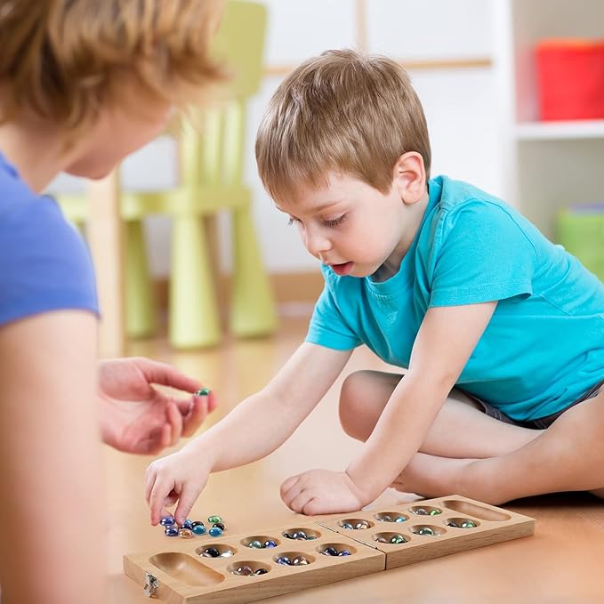 Mancala Board Game for Kids, Adults & Family. Includes Folding Rubber Wood Board, 48+10 Mancala Stones & Instruction. Classic & Portable Marble Game for Travel.(Natural Color)
