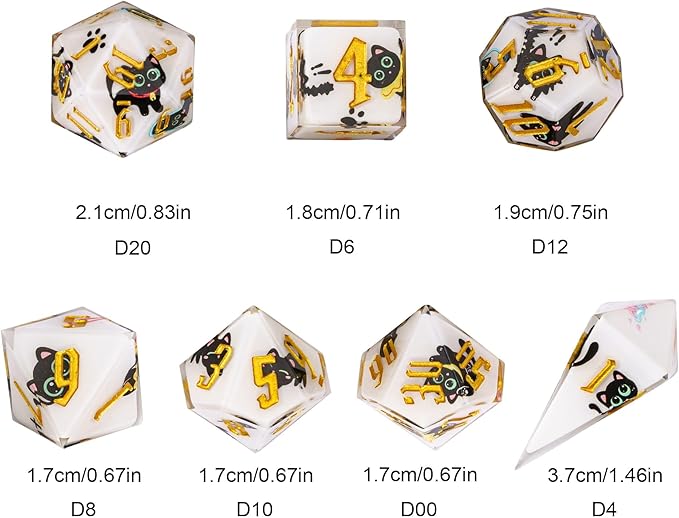 Cusdie 7-Piece Sharp Edges DND Dice Set - Cute Black Cat Stickers Inside - Perfect for Tabletop RPGs and Board Games