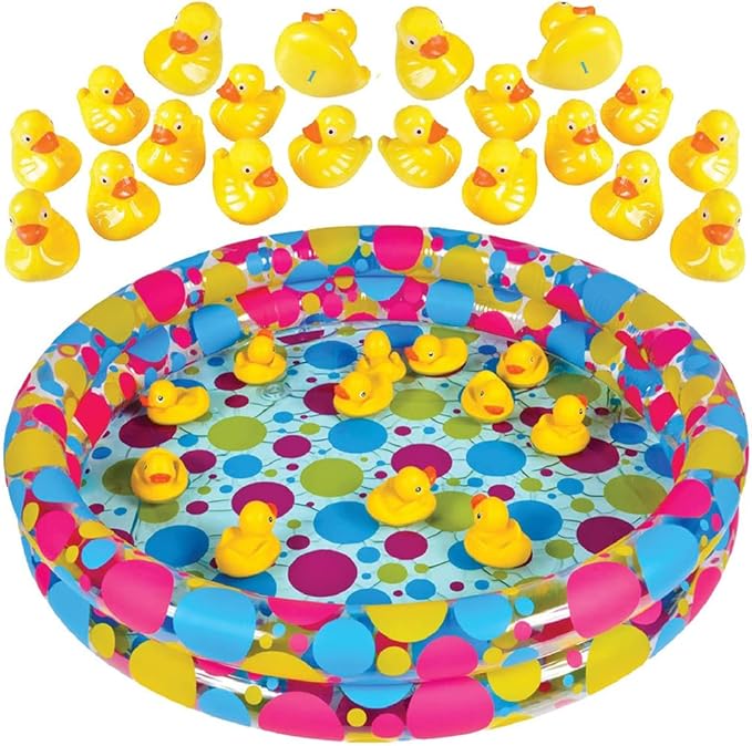 Gamie Duck Pond Matching Game & Dart Balloon Game for Kids, Includes 20 Plastic Ducks with Numbers and 3" x 6" Inflatable Pool & Includes 144 Dart Balloons and 11 Plastic Darts with Copper Tips
