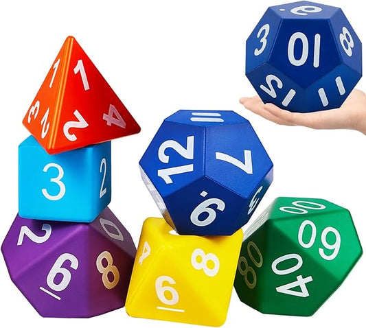 6 Pcs Jumbo Polyhedra Dice 3.94 Inch Jumbo Foam Polyhedral Dice 6 Set 4, 6, 8, 10, 12 Sides Gifts for Games Teach Numbers Addition Subtraction Probability Learning, Multicolor