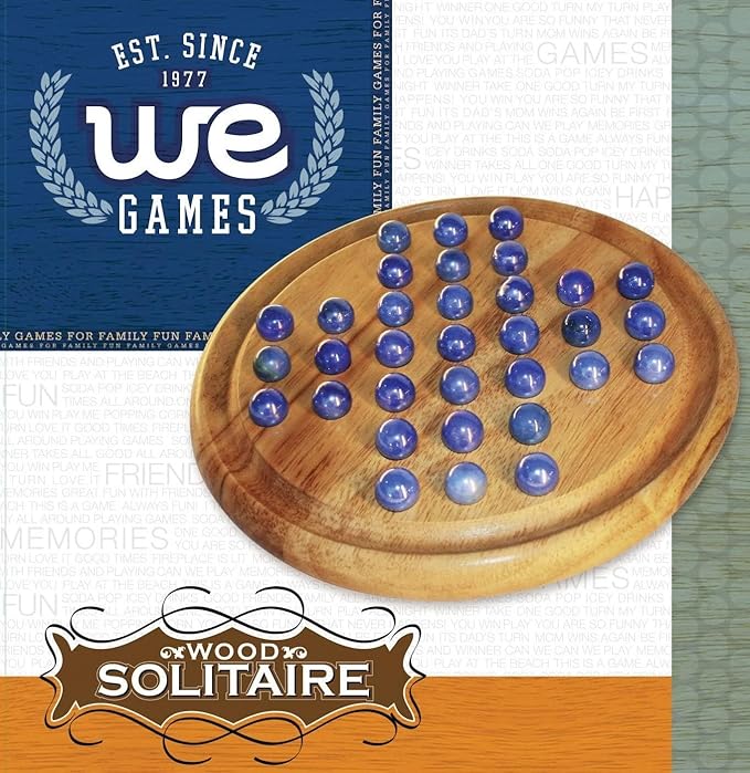 WE Games Solid Wood Marble Solitaire Game, Blue Glass Marbles Game, Marble Board Game, Wooden Games, Table Games, Home Decor, Marble Game Great for Living Room Decor, Birthday Gifts, Coffee Table Game
