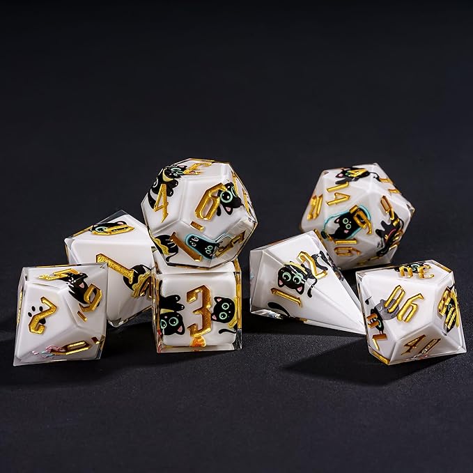 Cusdie 7-Piece Sharp Edges DND Dice Set - Cute Black Cat Stickers Inside - Perfect for Tabletop RPGs and Board Games