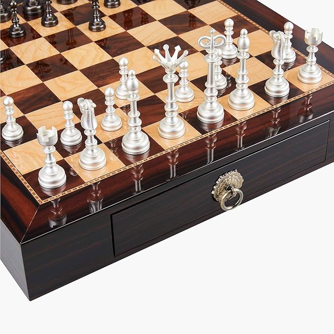 AMEROUS 20 Inches Wooden Chess Set with Metal Chess Pieces- 4.5'' King - 2 Built-in Storage Drawers - Gift Packaging,Tournament Chess Board Games for Adults and Kids