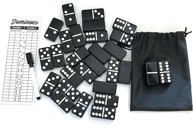 PRK 14 Double Six Dominoes Set Large Size with Reuseable Score pad & Pen Comes with Travel-Friendly Storage Bag Domino Set Black Color (02)