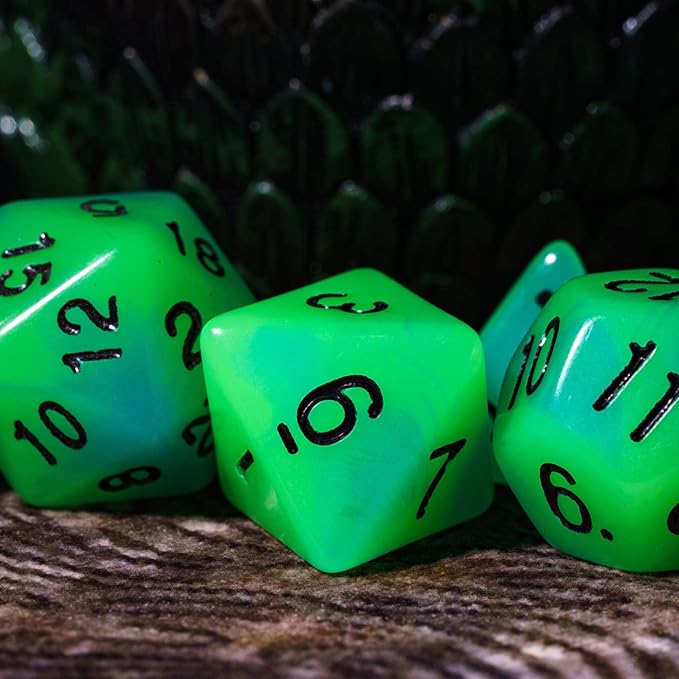 Glow in The Dark DND Dice, 7Pcs Luminous Polyhedral Dice Set with Leather Dice Bag, Glowing D&D Dice for Dungeons and Dragons, RPG, MTG Table Games(Green Blue)