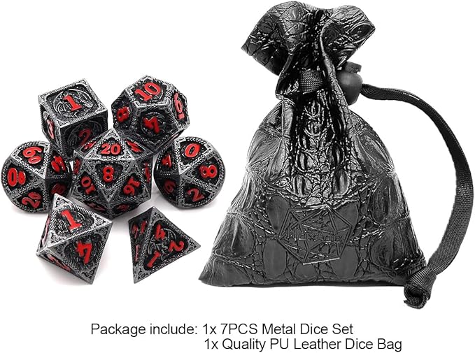 Haxtec Metal DND Dice Set Black Red Dragon D&D Dice Set with Leather Dice Bag Metal Polyhedral Dice for Dungeons and Dragons Gifts TTRPG Dice