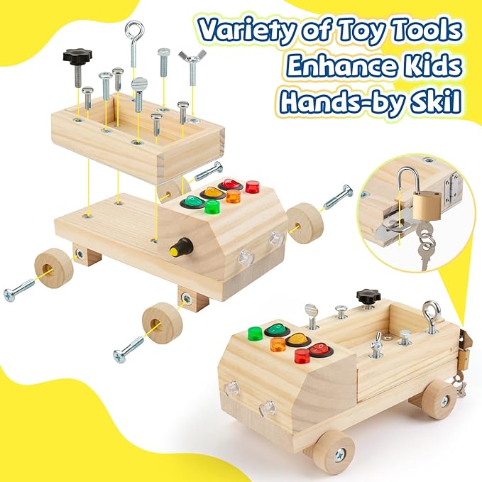 Busy Board with LED Light Montessori Toys Cars Screwdriver Board Set for Toddlers Ages 3 4 5 6 Wooden Busy Trucks Kids Tool Set Sensory Learning Toy STEM Fine Motor Skills Toys for Boys Girls Gift