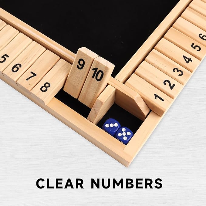 GSE Games & Sports Expert 1-4 Player Wooden Shut The Box Dice Board Game with 8 Dice. 4-Way 10 Numbered Shut The Box Set of Popular English Pub Board Game - Natural Wood
