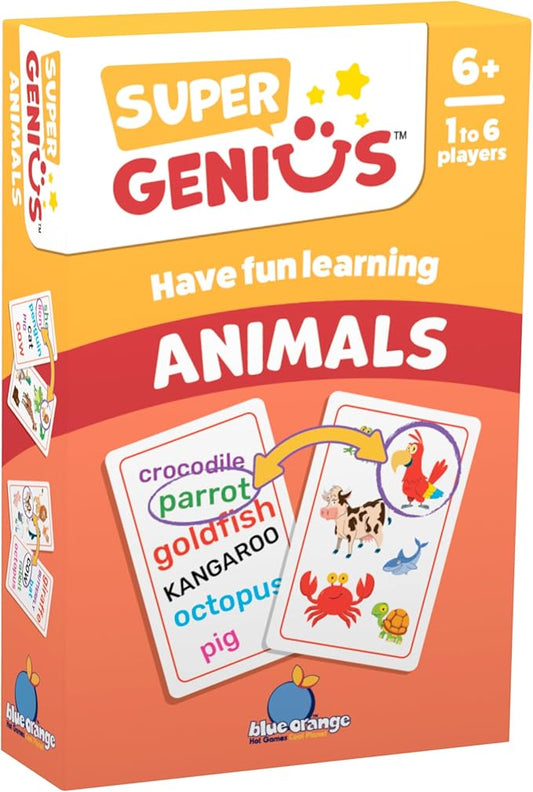 Super Genius Animals - Tabletop Card Game, Fun Flash Card Concentration Matching Game for Kids, Ages 6+, 1-6 Players, Teacher Approved, Learn About The Animal Kingdom, by Blue Orange Games