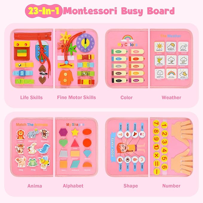 Busy Board Montessori Toys for 4 Years Old, Busy Book for Toddlers, Sensory Board Quiet Book Educational Activity Book for Toddlers 4-5, Toddler Travel Toys for Plane Car, Gifts for Boys Girls (Pink)
