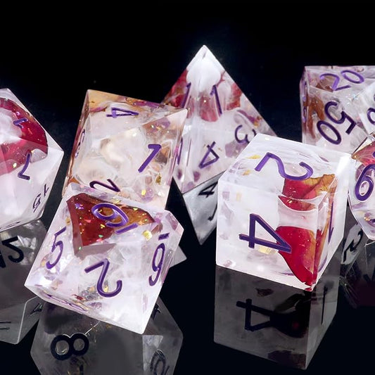 Haxtec DND Dice Set Rose Flower Sharp Edge Dice with Dice Case Handmade White Red Resin D&D Dice Set Purple Numbers for TTRPGs Dungeons and Dragons Gifts
