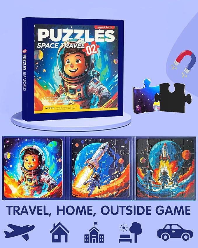 Magnetic Puzzles for Kids Ages 3-5, 3 in 1 Jigsaw Puzzle Book, Animal Car Activities Travel Puzzles for Toddlers Boys and Girls, Learning Magnet Toy for Road Trip(Rocket)