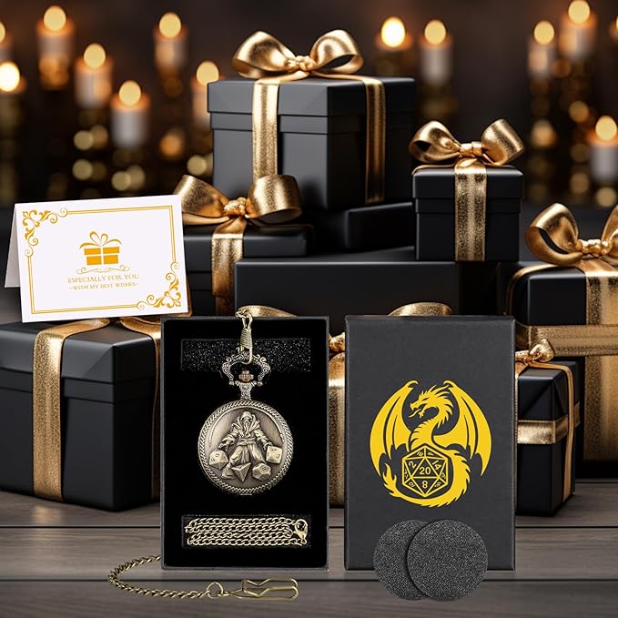 Mini DND Dice Set, Hand Held Dice Wizard Pocket Watch Shell Case, 7 Piece Polyhedral Metal D&D Dice Set, DND Gifts with Gift Box, Role Playing Board Game Accessories, Bronze