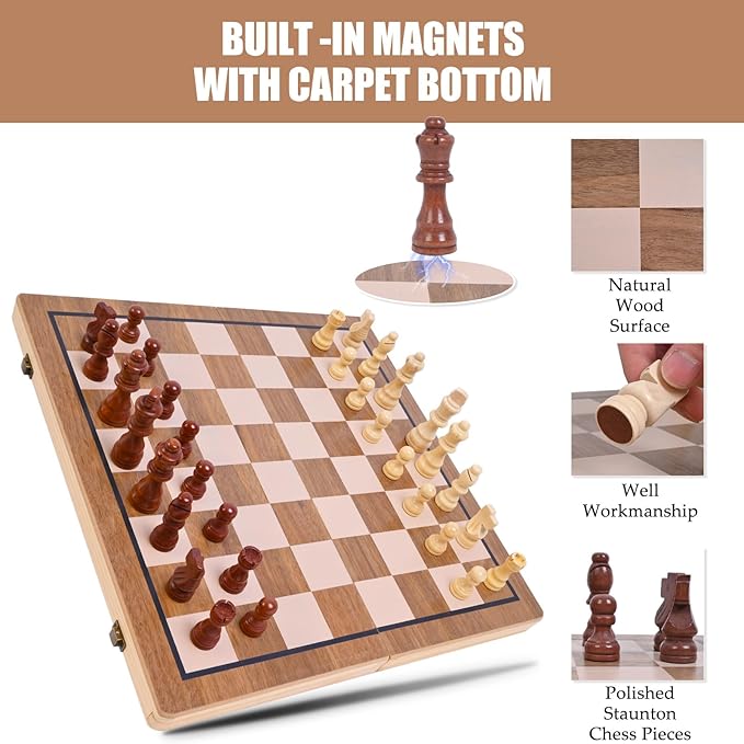 15 Inches Magnetic Wooden Chess Set - 2 Extra Queens - Folding Board - Pieces Storage Slots, 2in1 Chess & Checkers, Beginner Chess Game for Kids & Adults - Large&Portable Wooden Chess Board