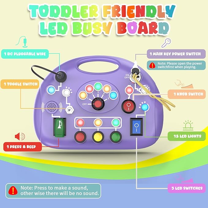 Busy Board with LED Light, Toddler Montessori Toys for 1+ Year Old, Baby Sensory Board for Toddlers Travel Toys, Preschool Graduation Gift for Kids Boy Girl Easter Gifts (Purple)