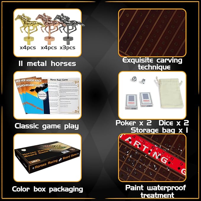 Horse Race Board Game Racing Game Thickened Solid Wood with 11 Luxurious Durable Classic Metal Horses with 4 Dice and 2 Boxes of Cards Horse Racing Game(Small Circular，Walnut) (Walnut)…