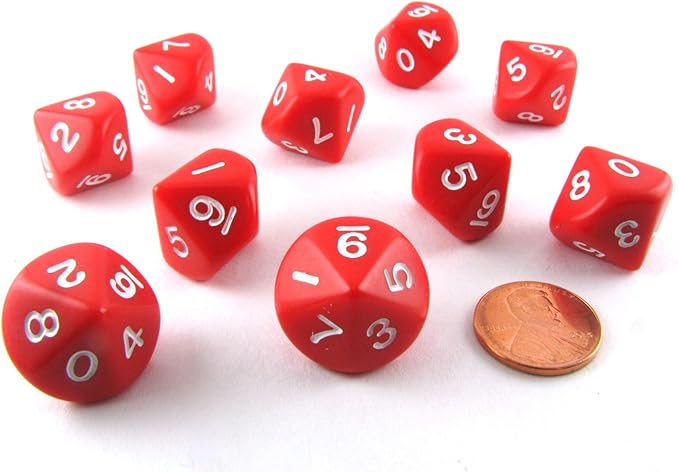 Koplow Games 10 Piece Set of 10-Sided D10 Polyhedral Dice - Red with White Numbers