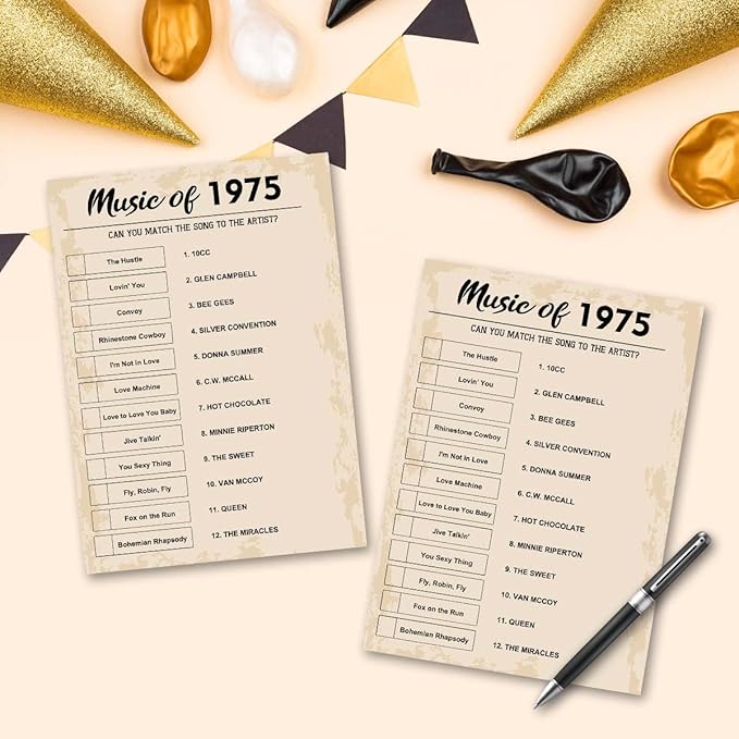 QUPT 50th Birthday Party Games, Music of 1975 Games, Birthday Party Supplies for Adults, Fun 1975s Party Game，Pack of 30 Cards