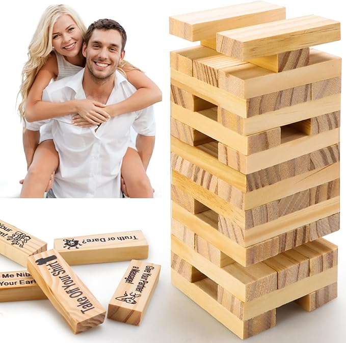 Ultimate Lust Tower Game for Adults - 48-Piece Naughty Wooden Stacking Blocks for Couples, Perfect for Date Nights, Valentine's Day, and Fun Drinking Games