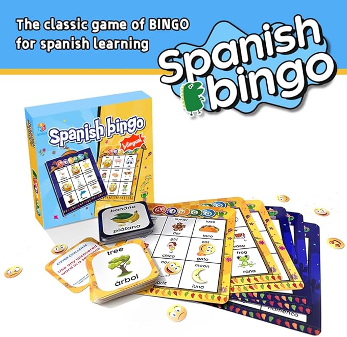 Spanish English Bilingual Bingo with Challenging Cards Vocabulary Language-Learning Educational Reading Games for Kids Ages 5+
