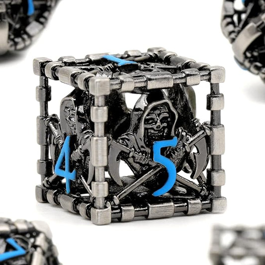 ZHOORQI DND Dice Set for Dungeons and Dragons, 7 Pcs/Set Grim Reaper Metal Dice Set Polyhedral RPG D&D Dice for DND Gifts（S-Blue Number）