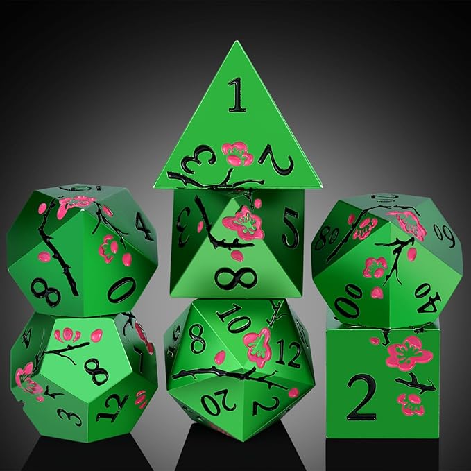 Matt Green Metal Dice Set, DNDND 7 PCS Heavy Metallic D&D Dice Set with Gorgeous Gift Case for Dungeons and Dragon Tabletop Game (Matte Green with Pink Flower)