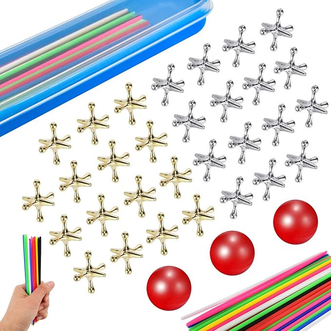 ZeeDix 90 Pcs Pick Up Sticks with 3 Sets Retro Metal Jacks Kit- Include 3 Pcs Red Rubber Balls and 30 Pcs Gold and Silver Metal Jacks, Classic Fun Game Gift of Jacks for Kids Adults Family