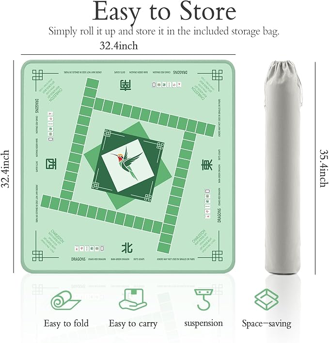 Mahjong Mat with Non-Slip & Noise Reduction, 32.4x32.4 Inch Waterproof Mahjong Mat for Table, Stitched Edges, Game Instructions, Foldable Neoprene Game Mat for Mahjong/Board Games/Card Games