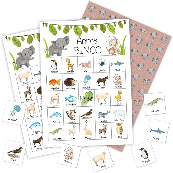Ziyouza Jungle Animals Bingo - Birthday Party Games, 24 Players Bingo Games for Tropical Summer Jungle Theme Birthday Party Family Party Activity -09