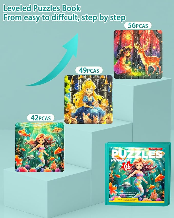 Magnetic Puzzles for Toddlers 4-6 Girls, Mermaid Princess Travel Puzzles for Kids Ages 3-5, 3 in 1 Dinosaurs Magnet Jigsaw Puzzle Book, Preschool Learning Toy for Kids 4-8 Year (Princess)