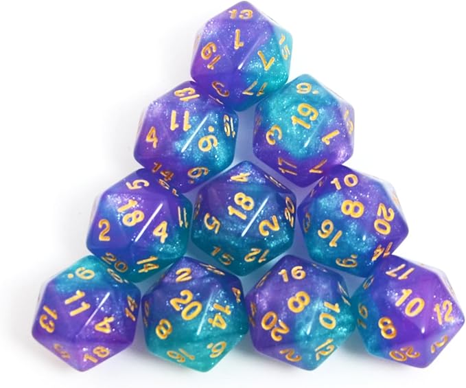 SmartDealsPro 10-Pack 20 Sided Dice D20 Polyhedral Dice for DND RPG MTG Table Game (Glitter Green-Purple)
