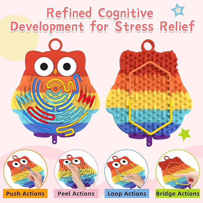 Silicone Sensory Activity Board,Double-Sided Busy Board for Fine Motor Skill,Fidget Toy for Calming, Stress, Anxiety, ADHD, Autism, Silent, No Mess, Kids 3+ & Adults(Owl,Colorful)