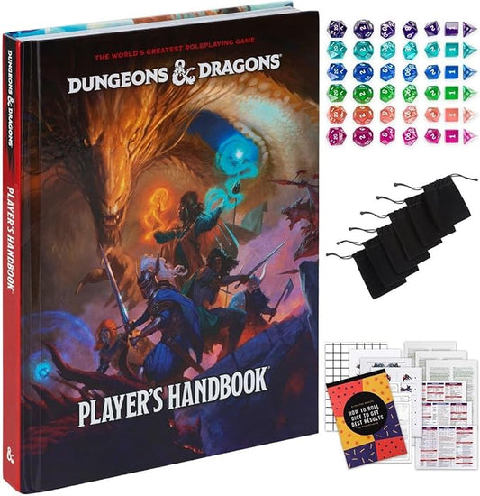CraftyCrocodile Dungeons and Dragons 2024 Player's Handbook Bundled with DND 6 Dice Sets, Flannel Bags, Complete Printable Kit - Core Rulebook with D&D Starter Set Accessory - Tabletop Board Game
