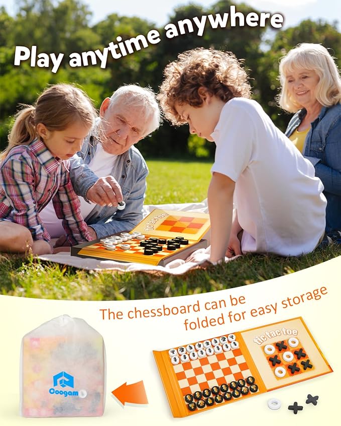 Coogam Magnetic Travel Chess Board Game, 3 in 1 Tic-Tac-Toe Checkers Set, Indoor Outdoor Activity Travel Toy Gift for Family Friends Party Favor