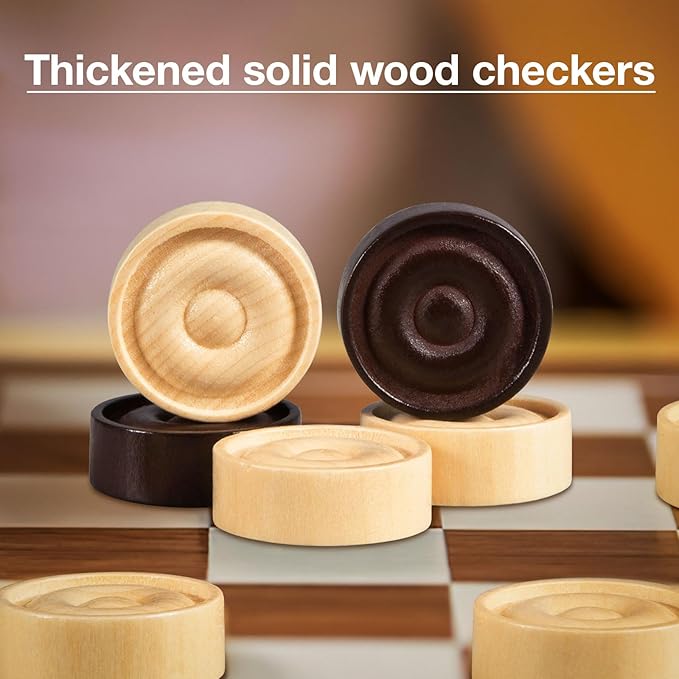 Classic Wooden Checkers Stackable Pieces, Backgammon Pieces, Set of 30 Checkers Pieces, 5 Dice, 2 Drawstring Storage Bags, Checkers (1.2 W X 0.4 H) Inches, Brown+Wood