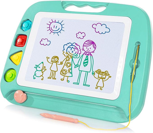 SGILE Large Magnetic Drawing Board - 4 Colors 16×13in Doodle Pad with 4 Stamps for Toddlers, Learning Toy Board Etch Sketch Gift for 36+ Month Kids Girls Boys, Green