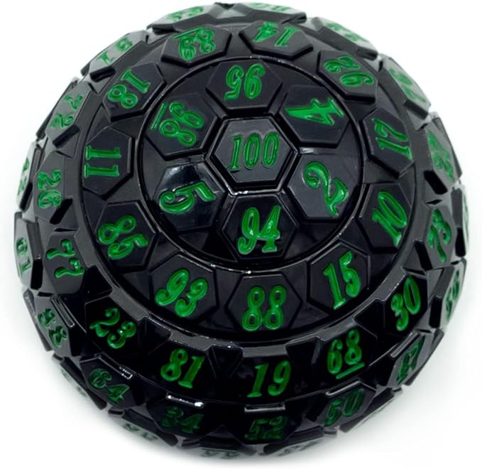 100 Sided Polyhedral Dice, Single D100 Game Dice, 100 Sided Cube with Black Pouch, D100 die 48 mm (Black with Green Number)