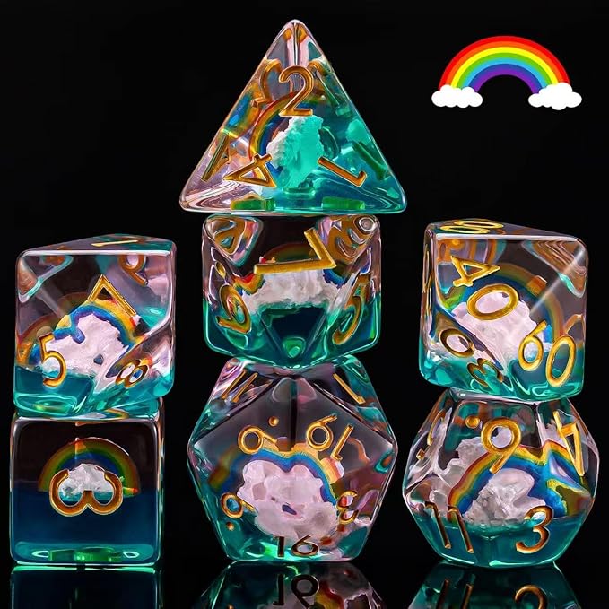 Rainbow Resin D&D Dice Set, Polyhedral Dice for Dungeons and Dragons, RPG, MTG,Role Playing Games (D4, D6, D8, D10, D12, D20, D%) 7PC