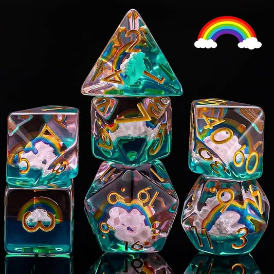 Rainbow Resin D&D Dice Set, Polyhedral Dice for Dungeons and Dragons, RPG, MTG,Role Playing Games (D4, D6, D8, D10, D12, D20, D%) 7PC