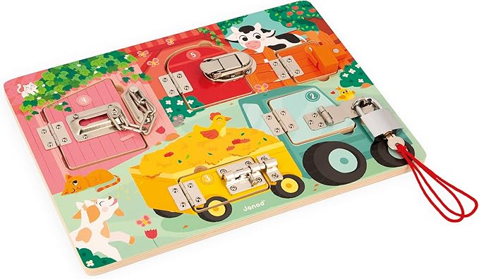 Janod J07119 Farm Padlock Activity Board with 5 Opening Types of Wooden Toys, FSC- from 3 Years, Multi-Coloured
