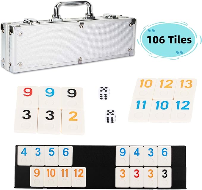 NOLIE 106 Tiles Rummy Cube Game Set with Aluminum Case and 4 Anti-Skid Durable Trays for 2-4 Players