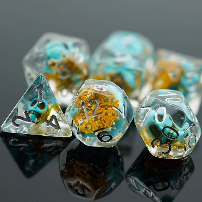 UDIXI 7PCS Polyhedral Dice Set, DND Dice Set Filled with Mushroom for Role Playing Games, D&D Dice for Dungeons and Dragons (Blue Flower)