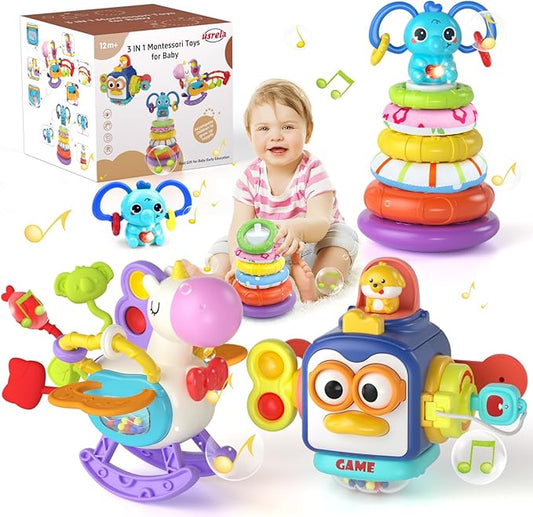 Baby Toys for 1+ Year Old, Busy Board Sensory Toys for Toddlers 1-3, Baby Toys for 12-18 Months, Pull String Teether, Stacking Blocks, 3 in 1 Travel Toy Gifts for 1 2 3 Year Old Boy Girl