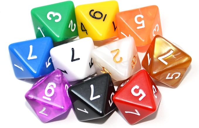 SmartDealsPro 10-Pack D4 D6 D8 D10 D12 Multi Colored Polyhedral Dice for for Dungeons and Dragons DND RPG MTG Table Games (Mix Color(Opaque&Pearl&Transparent, D8)