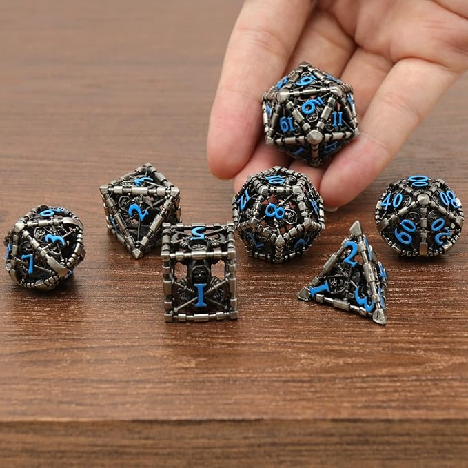 ZHOORQI DND Dice Set for Dungeons and Dragons, 7 Pcs/Set Grim Reaper Metal Dice Set Polyhedral RPG D&D Dice for DND Gifts（S-Blue Number）
