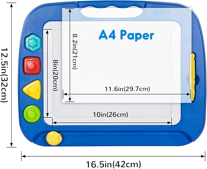 SGILE Large Magnetic Drawing Board - 4 Colors 16×13in Writing Painting Doodle Pad with 4 Stamps for Toddlers, Learning Educational Toy Etch Sketch Gift for 36+ Month Kids Girls Boys, Blue