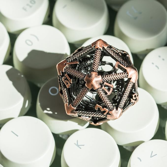 UDIXI 22mm D20 Metal Dice, Single D20 DND Dice, Hollow Dragon Design Polyhedral Dice D&D for Dungeons and Dragons, Role Playing Game Pathfinder(Ancient Copper)