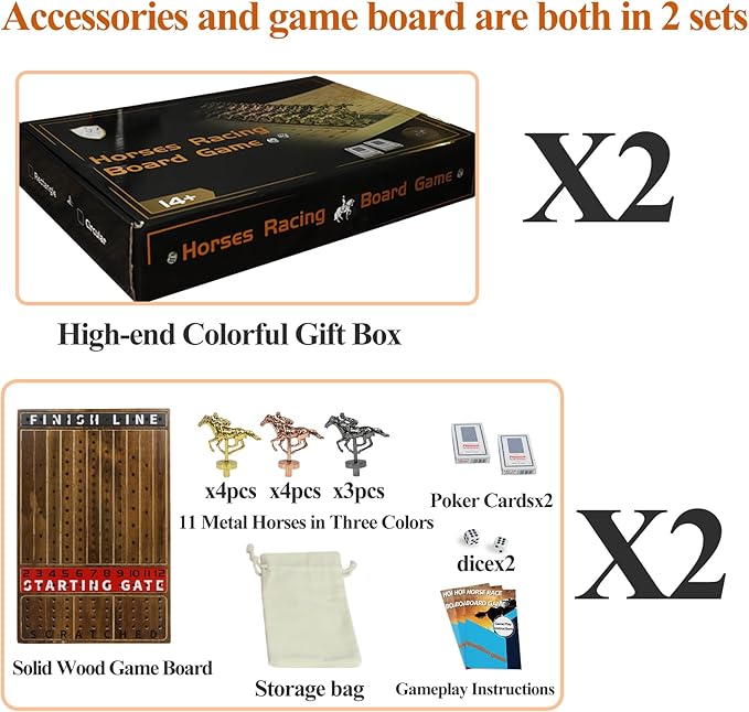 2 Pack Metal Horse Racing Board Game Card Board Game Finish Line Luxury Edition Solid Wood Race 11 Batches of Metal Model Horses 2 Sets of Dice and 2 Boxes of Cards (Flame)…