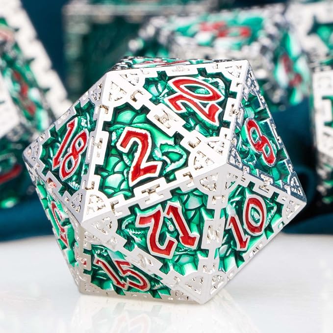 ARUOHHA DND Metal Dice Set 7pcs Green Large Dragon Polyhedral Dice 6 Sided Role Playing Game Handmade D and D Dice D20 D12 D10 D8 D6 D4