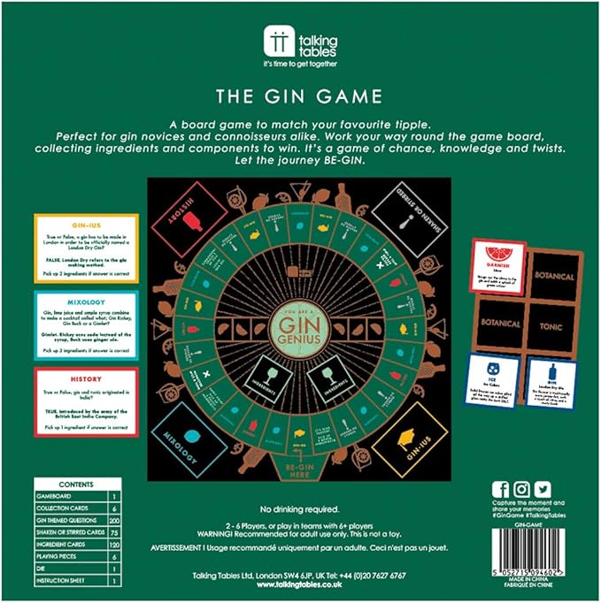 Talking Tables Gin Themed Trivia Board Game, Games Night, Adults, After Dinner Party,General Knowledge, G&T, Gin Lover,